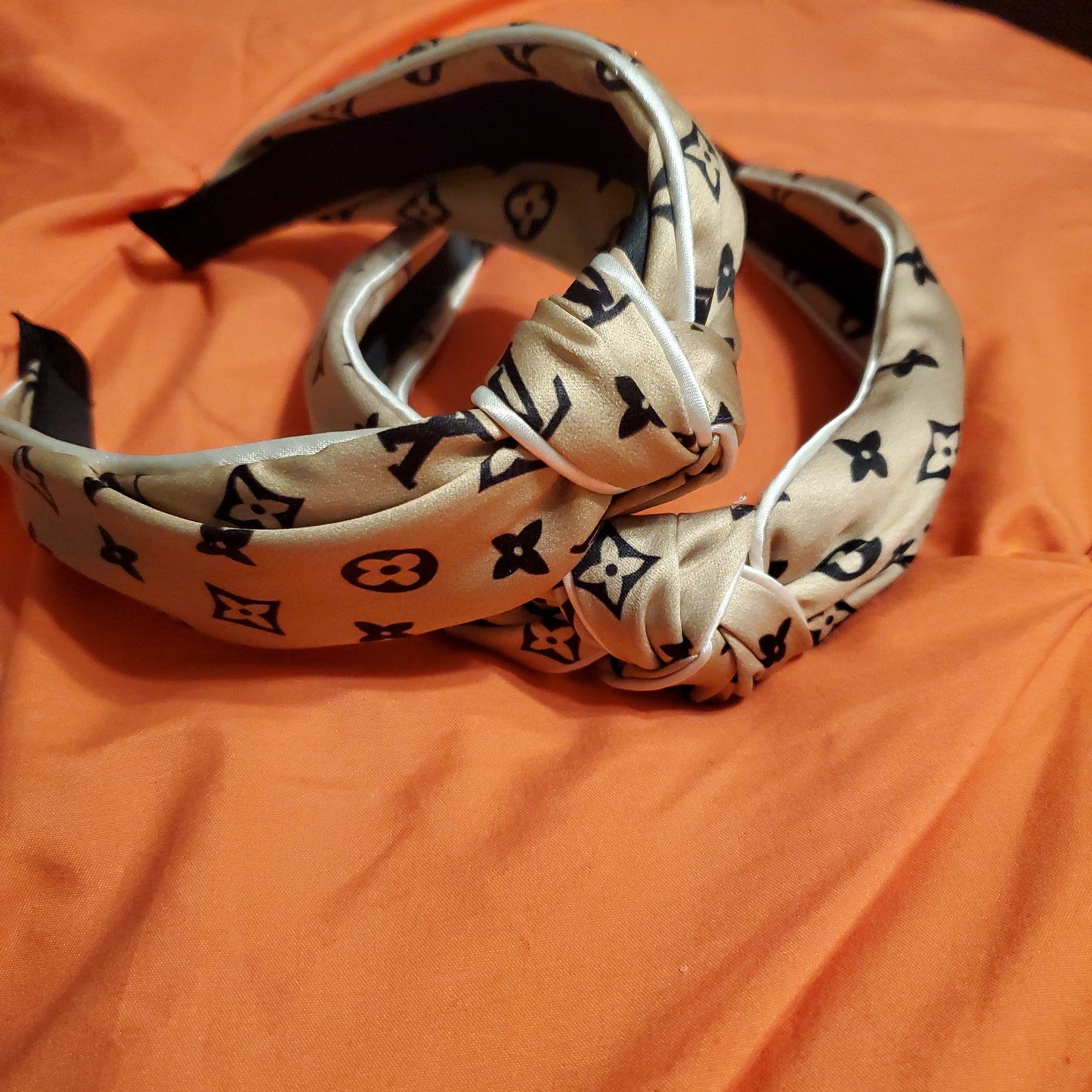 Beige Letter Printed Knot Satin Headband